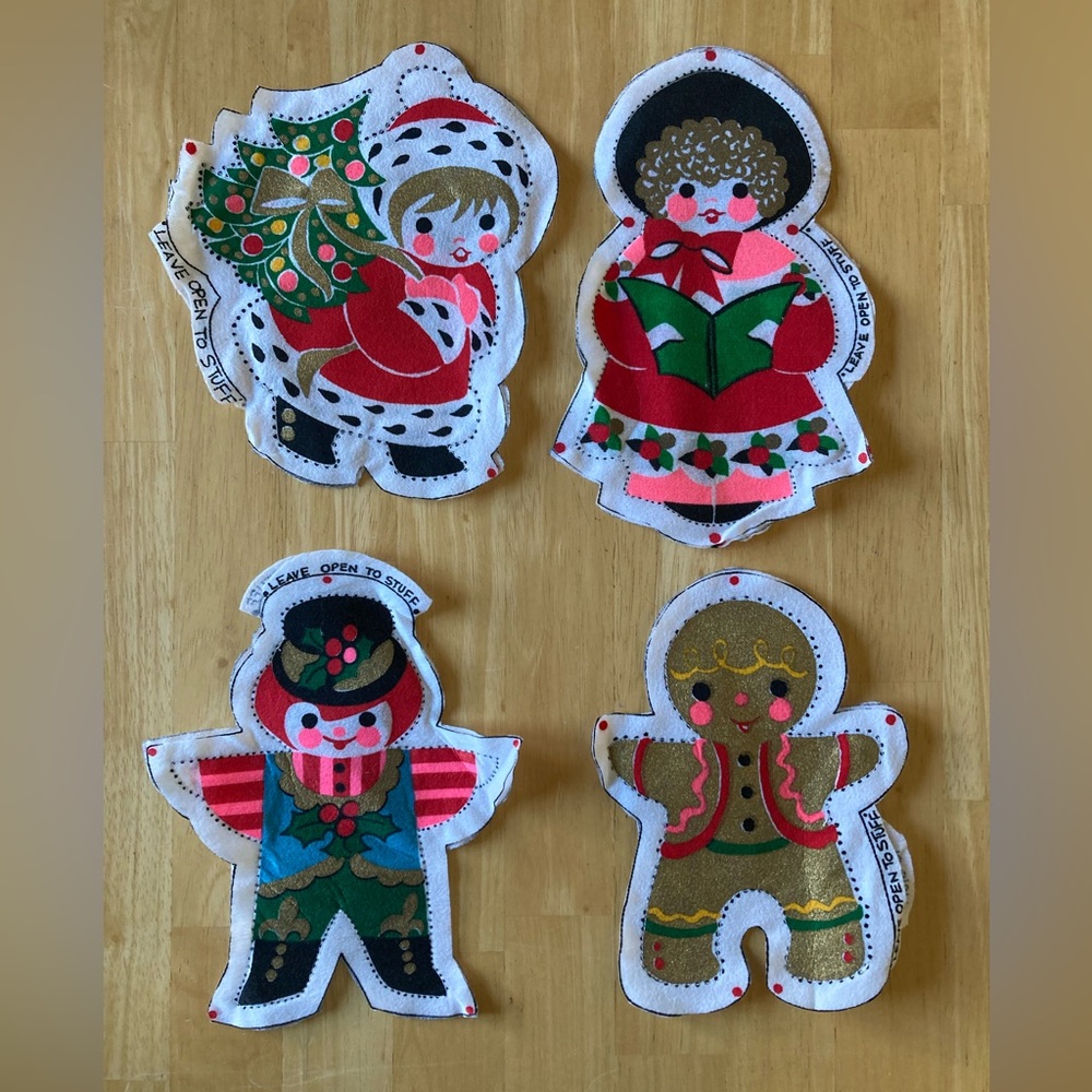 Set of 7 unfinished vintage fabric Christmas ornaments